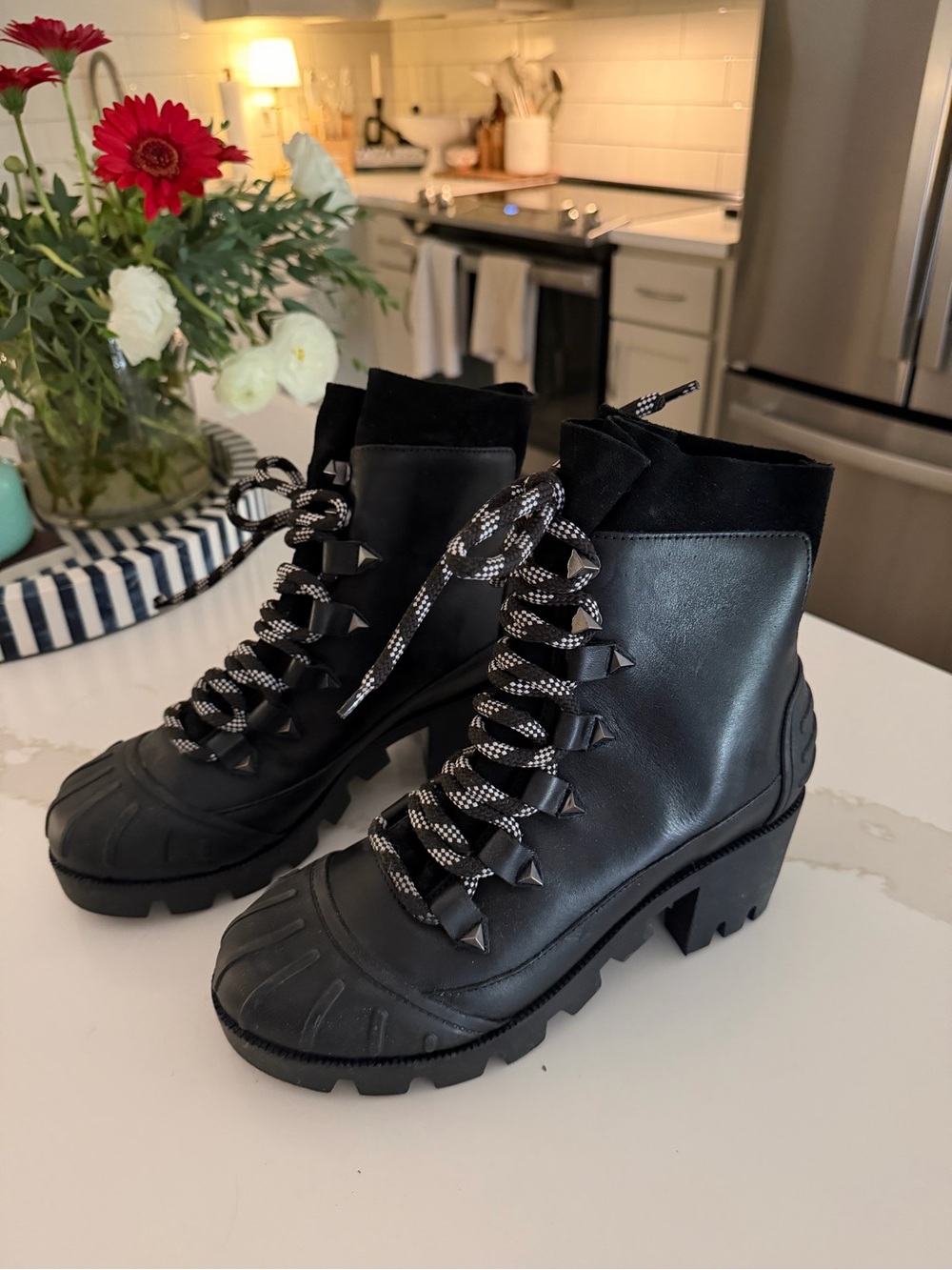 Schutz 7.5 Black Women's Lug-Soled Lace-Up Ankle Boots